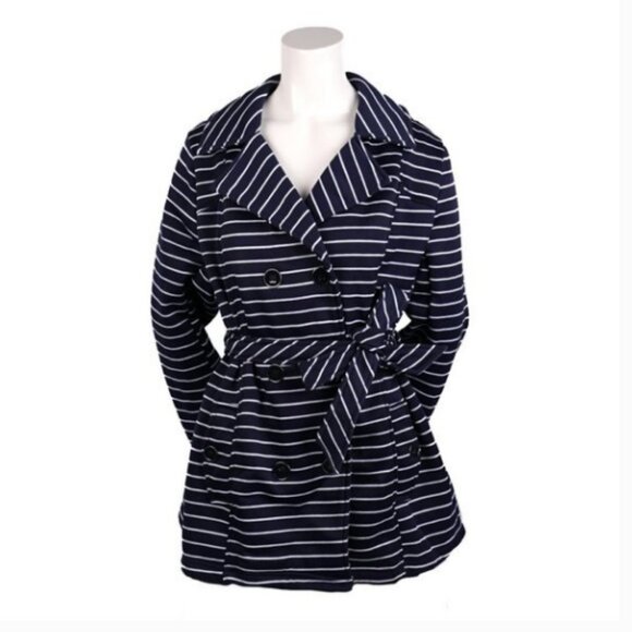 Sabrina Lauren Fleece Lined Jacket Striped Peacoat Double Breasted Navy White - Picture 1 of 5